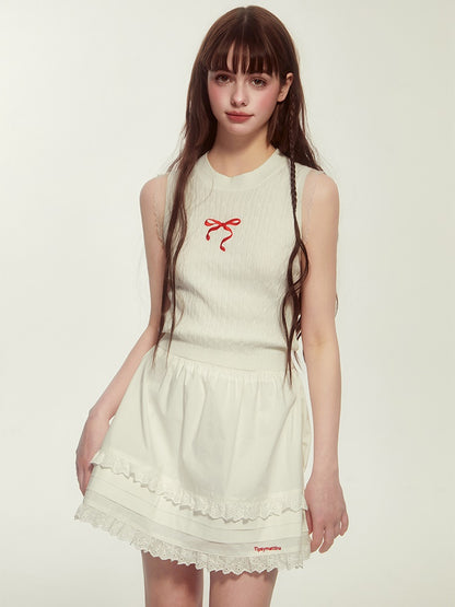 No-Sleeve Ribbon Crew-Neck Cute Slim Summer-Knit