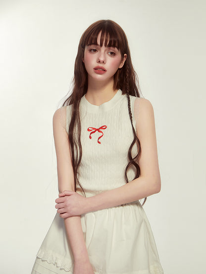 No-Sleeve Ribbon Crew-Neck Cute Slim Summer-Knit