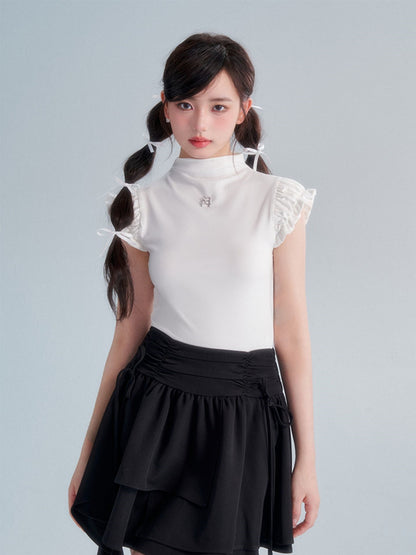 Bottle-neck Frill French-sleeve Classic Tops