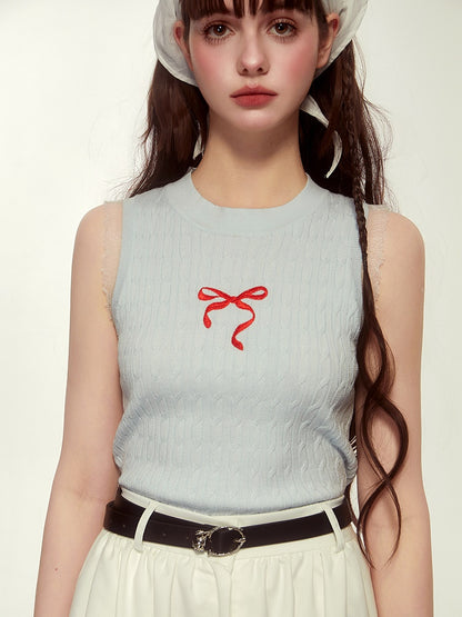 No-Sleeve Ribbon Crew-Neck Cute Slim Summer-Knit