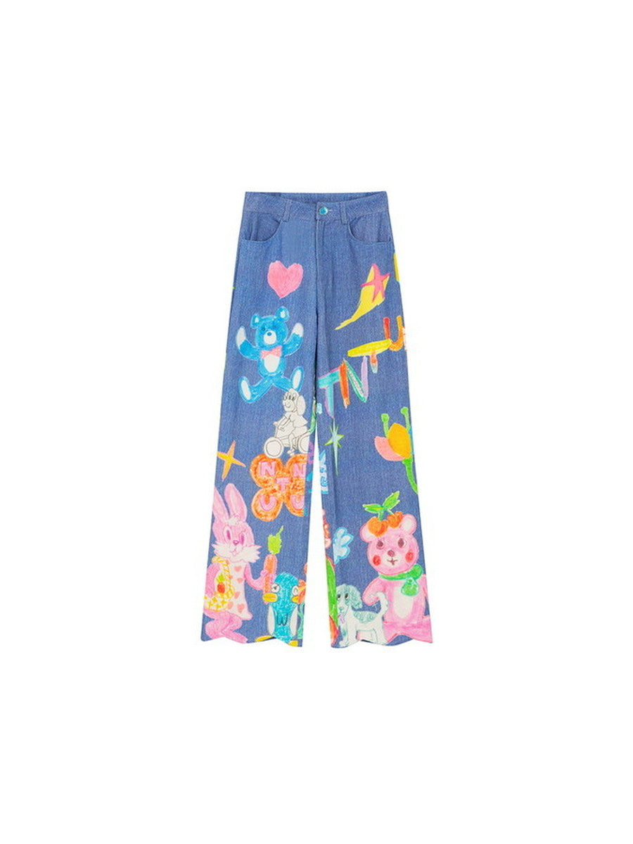 Handwritten Bear Denim Nichi Loose Straight Fancy Pants