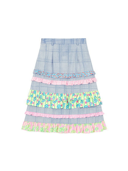 Denim Tiered Flower Checked Frill Fancy Skirt