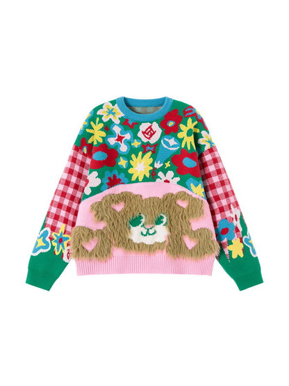 Fur Boa Bear Nichi Animal Crew-Neck Flower Fancy Knit