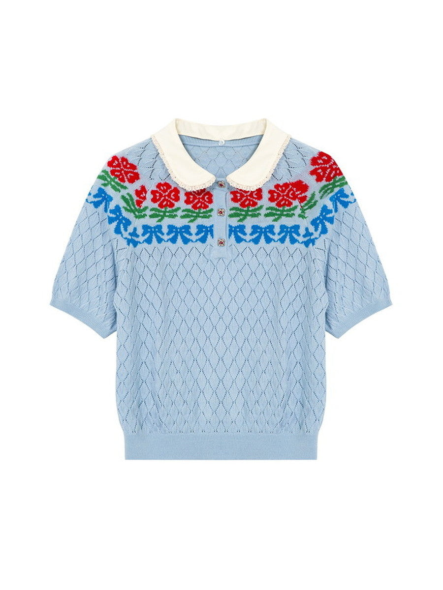 Retro Flower Laceribbon Polo-Neck Fancy Knit