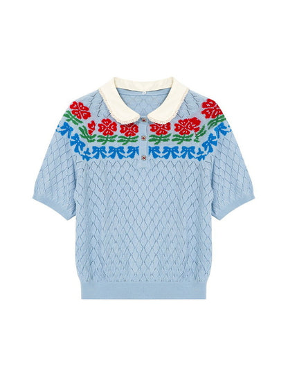 Retro Flower Laceribbon Polo-Neck Fancy Knit