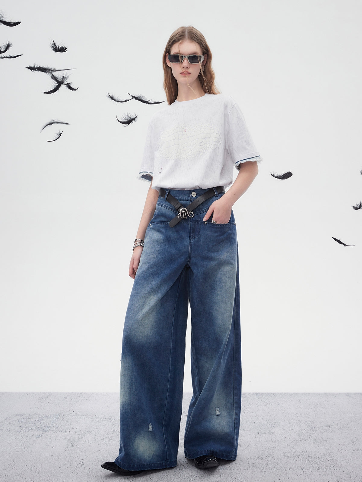 Nichi Faded Denim Loose Wide-Pants