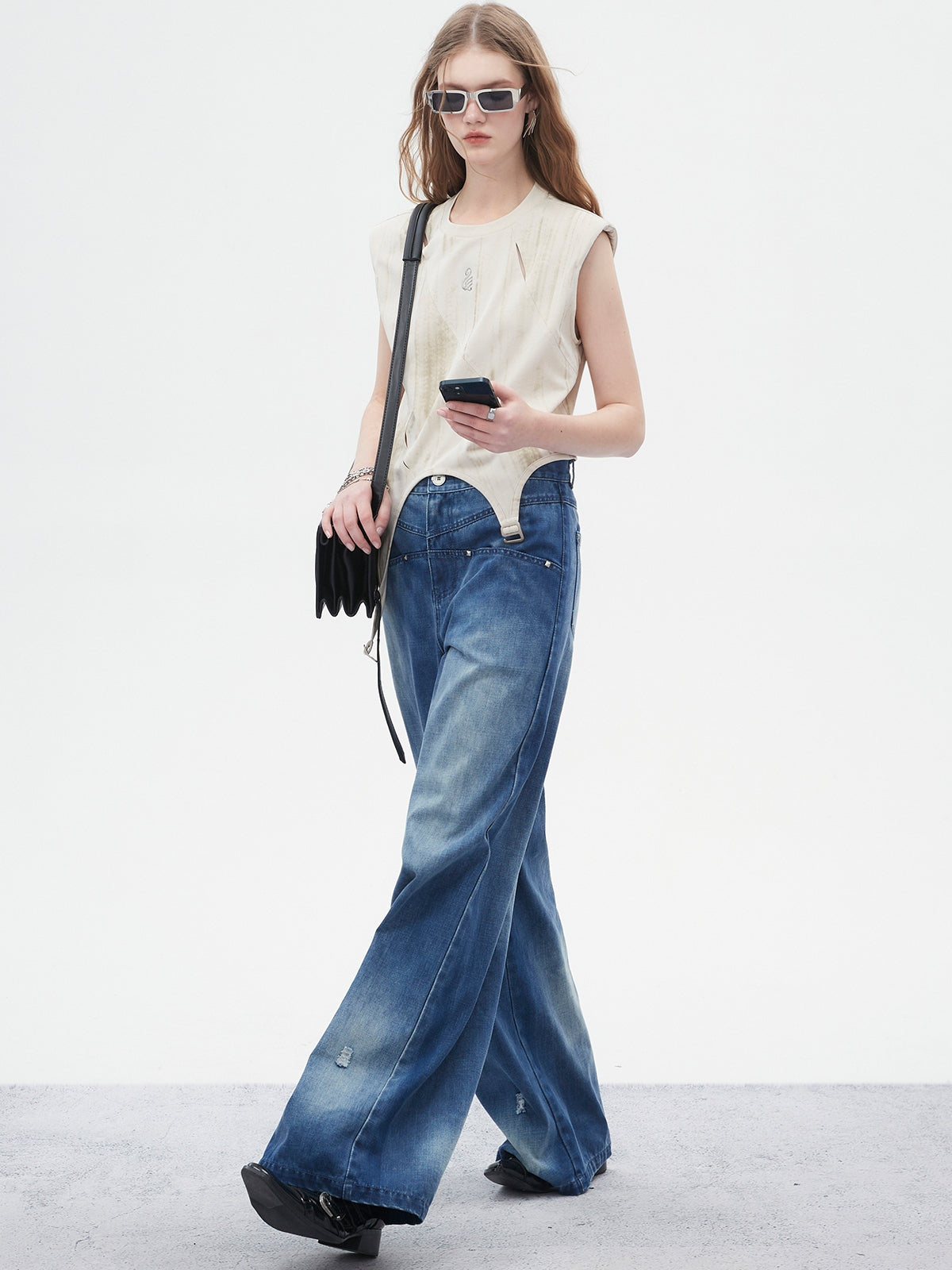 Nichi Faded Denim Loose Wide-Pants