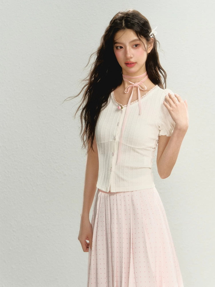 Candy-Sleeve Rose Slim Lace Summer-Knit