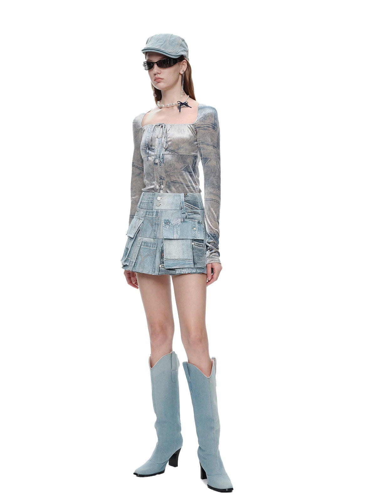 Fake-Denim Velvet Smooth Nichi Set-Up Tops＆Long-Skirt – ARCANA 