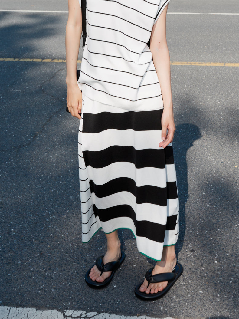 Cutsew &amp; Long-Skirt Smmer-Knit Border Marine Set-Up