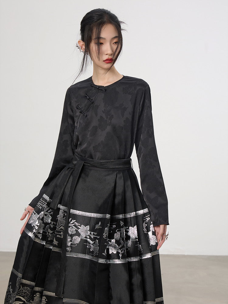 China Set-Up Ethnic Embroidery Flower Metallic Nichi Blouse＆Long-Skirt