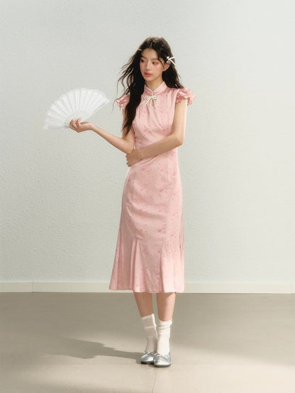 China Flower Frill-Sleeve Long Retro Dress