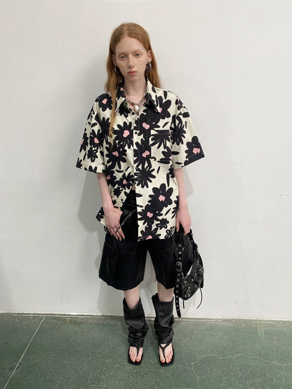 Unisex Flower Monochrome Retro Oversize Shirt