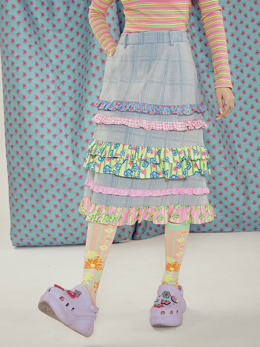 Denim Tiered Flower Checked Frill Fancy Skirt