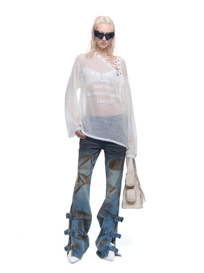 Mesh See-Through Asymmetry Lace-Up Oversize Tops