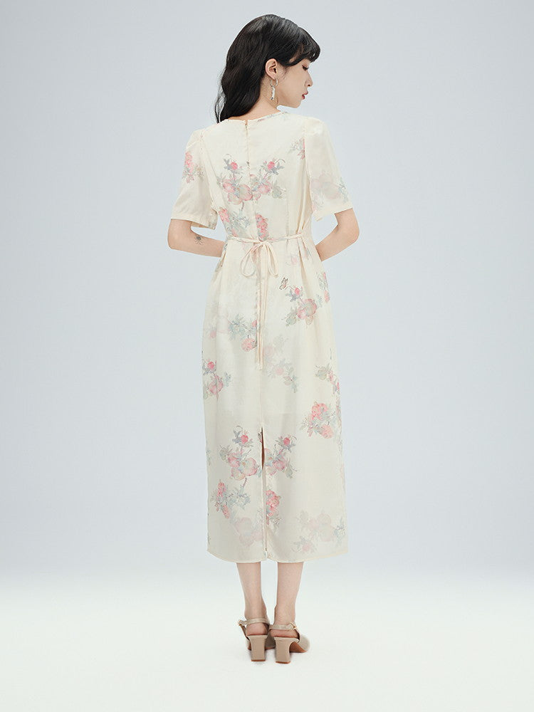 China Drop-Cut Flower Feminine Modest Long Puff-Sleeve Long Dress