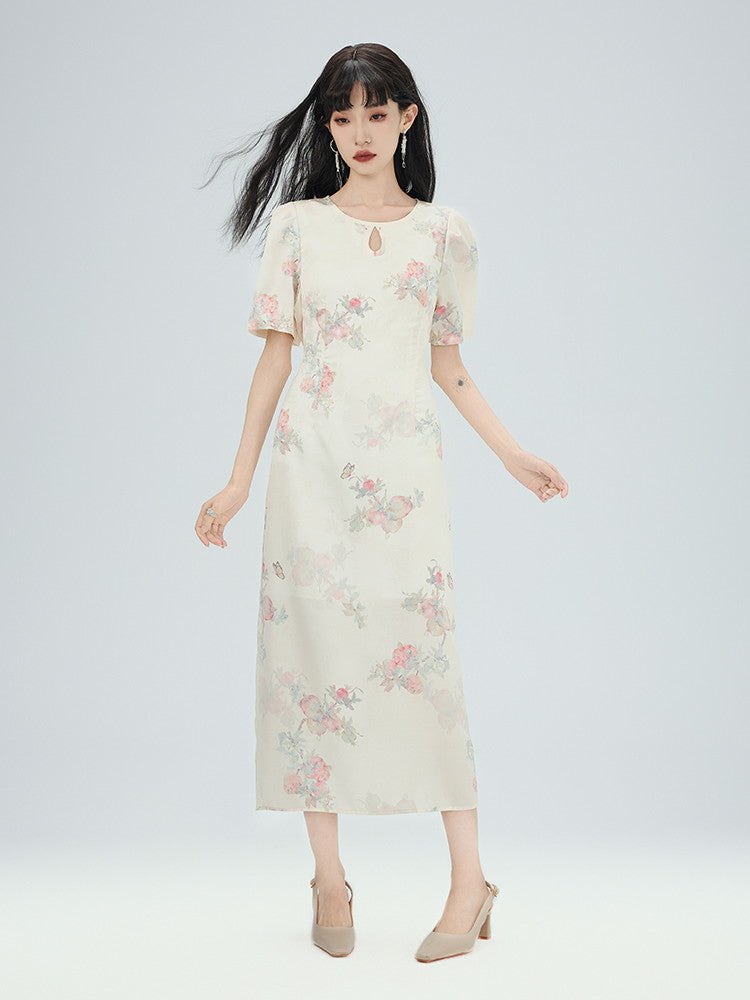 China Drop-Cut Flower Feminine Modest Long Puff-Sleeve Long Dress