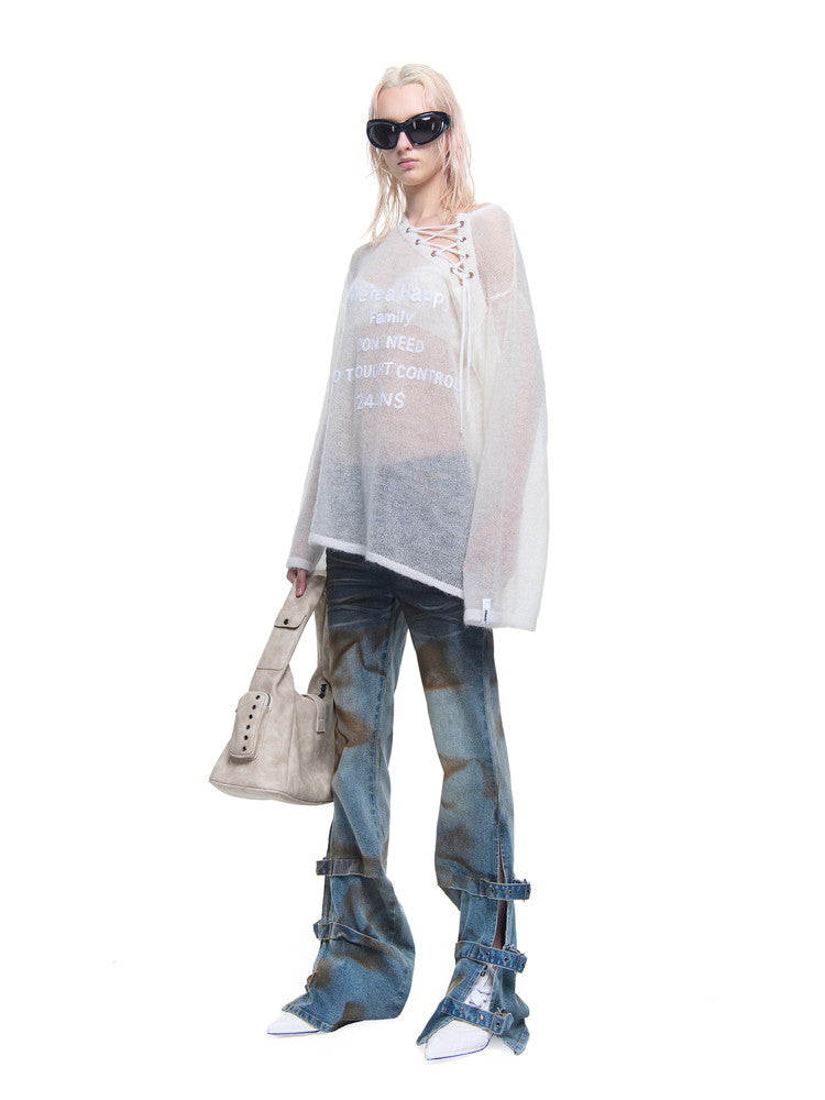 Mesh See-Through Asymmetry Lace-Up Oversize Tops