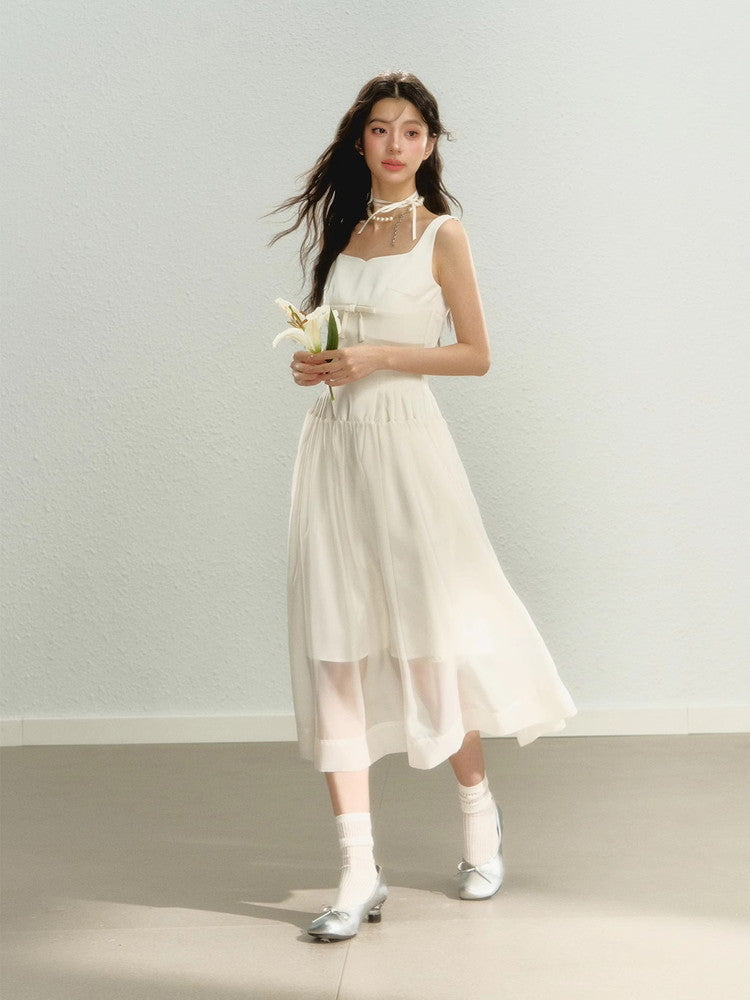 Long No-Sleeve Sheer Ribbon Pleats Slim Dress