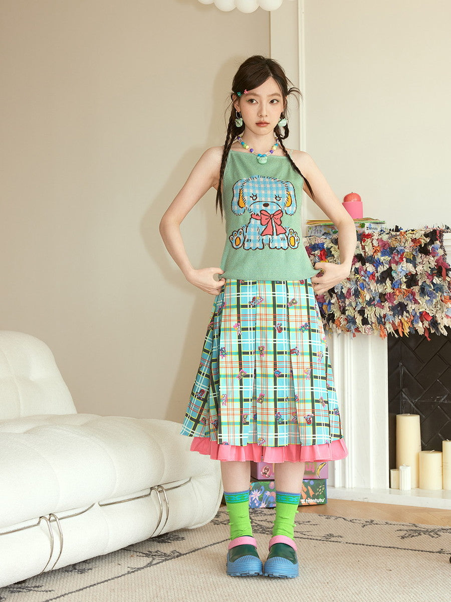 Checked Embroidery Bear Animal Tiered Fancy Flare-Skirt