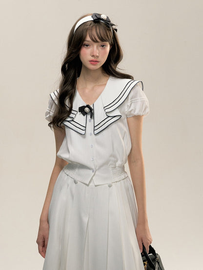 Bi-Color Ribbon Sailor-Collar Puff-Sleeve College Blouse＆Skirt