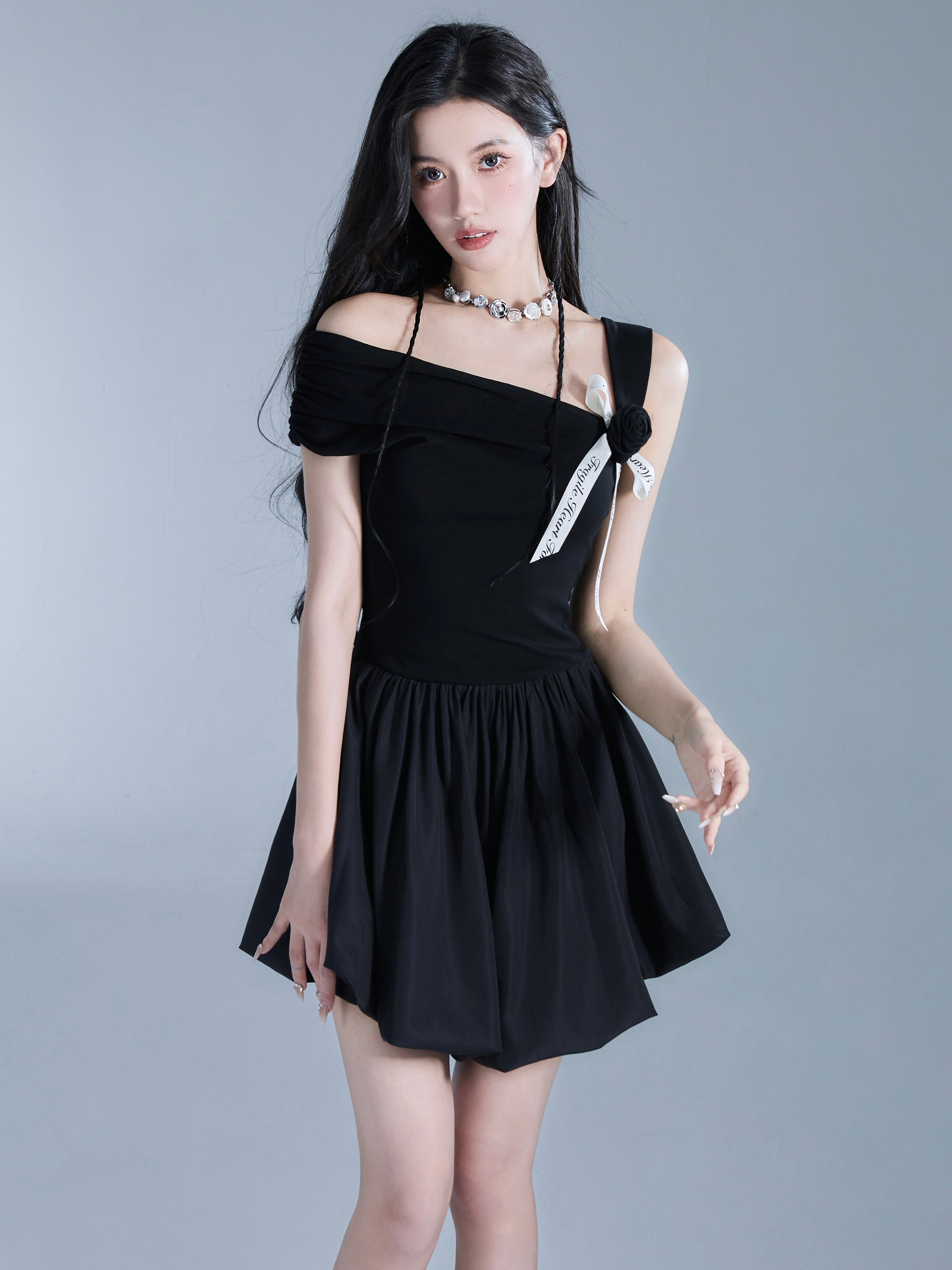One-Shoulder Flare Ribbon Mini One-Piece
