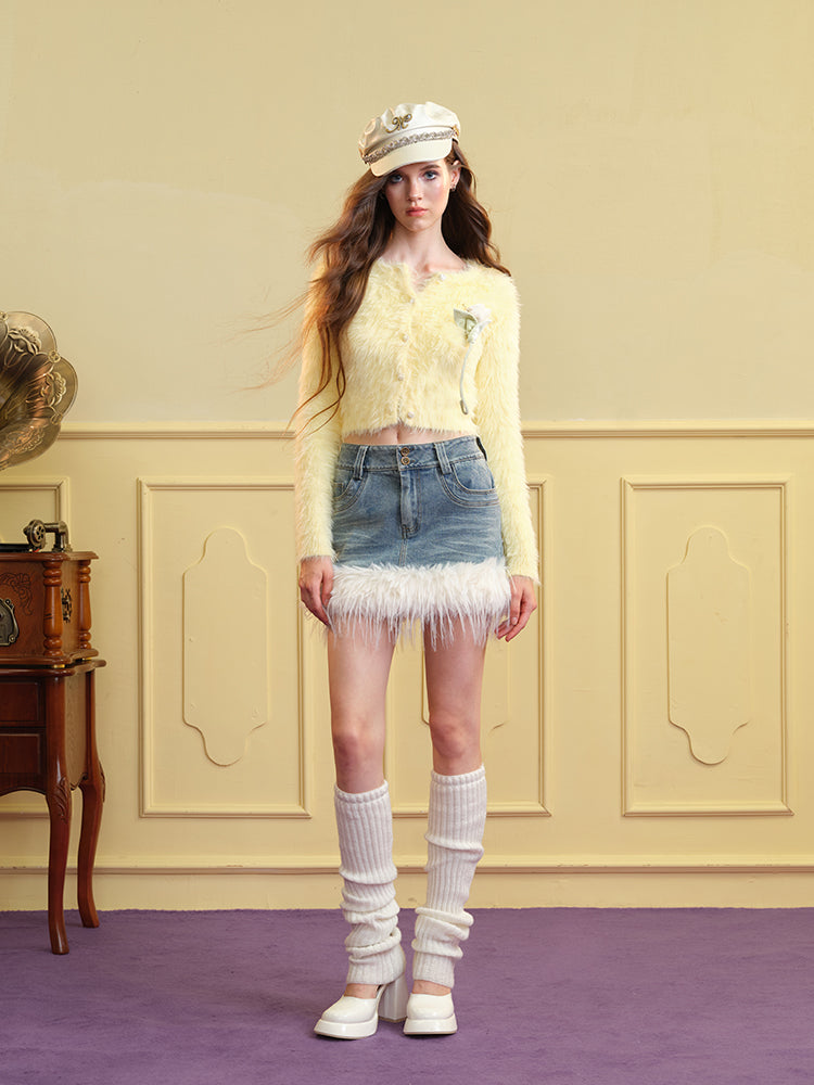 Denim Fur Tight Casual Nichi Min-Skirt