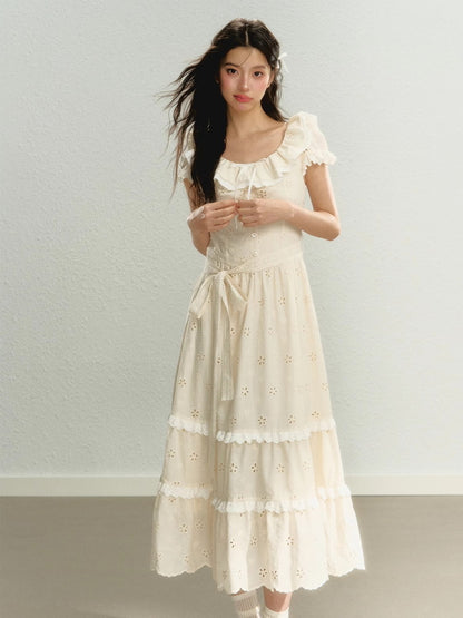 Punching Flower Frill Tiered Girly Long Dress