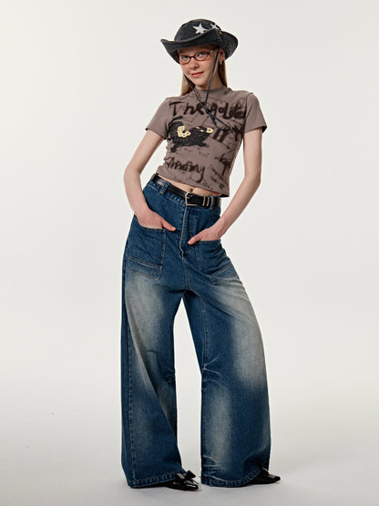 Faded Denim Wide-Leg Casual Pants