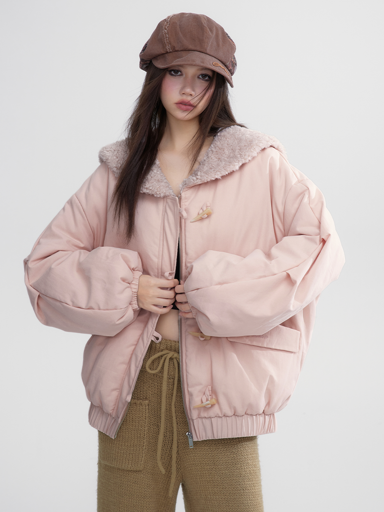 Toggle-Button Thick Warm Boa-Collar Jacket