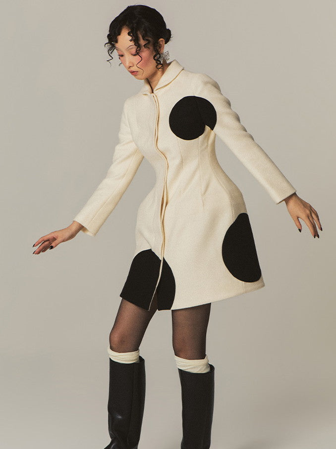 Modern Bi-Color Retro Dot Circle Wool Chic Coat