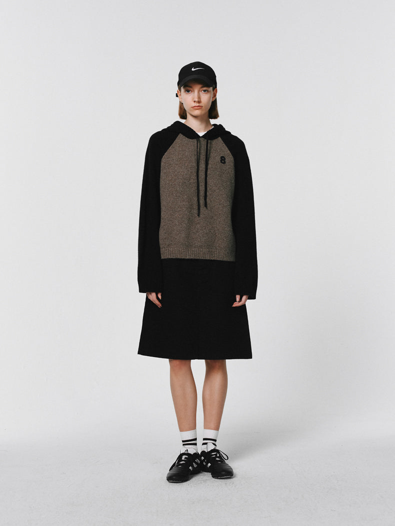 Knit Hoddie Bi-Color Simple Parlka Wool-Tops