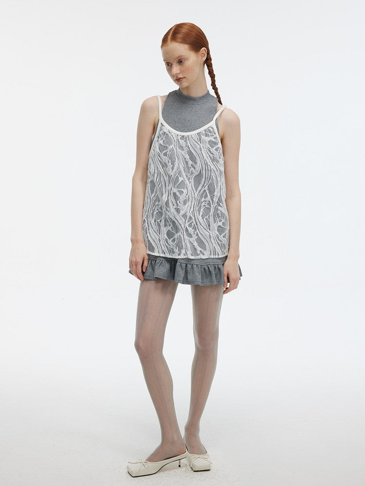 American-Sleeve Lace Layered Sweat Short Dress