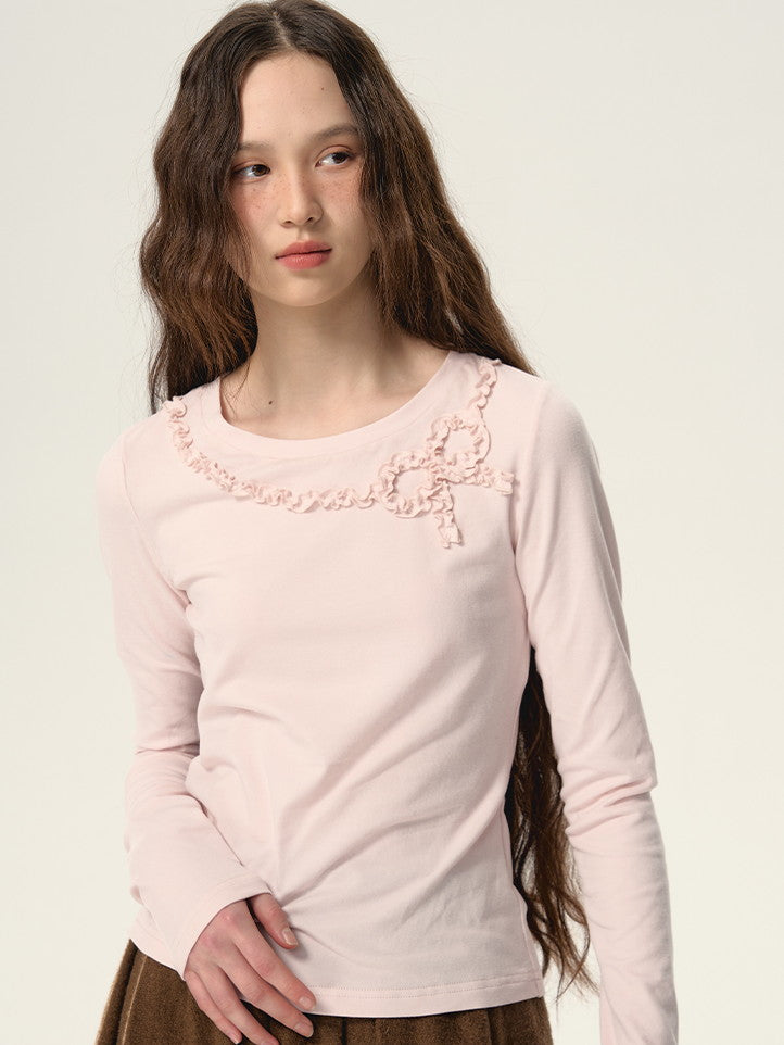 Ribbon Frill Round-Neck Natural Simple Cutsew