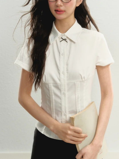 Lace Slim Constricted Simple Half-Sleeve Blouse