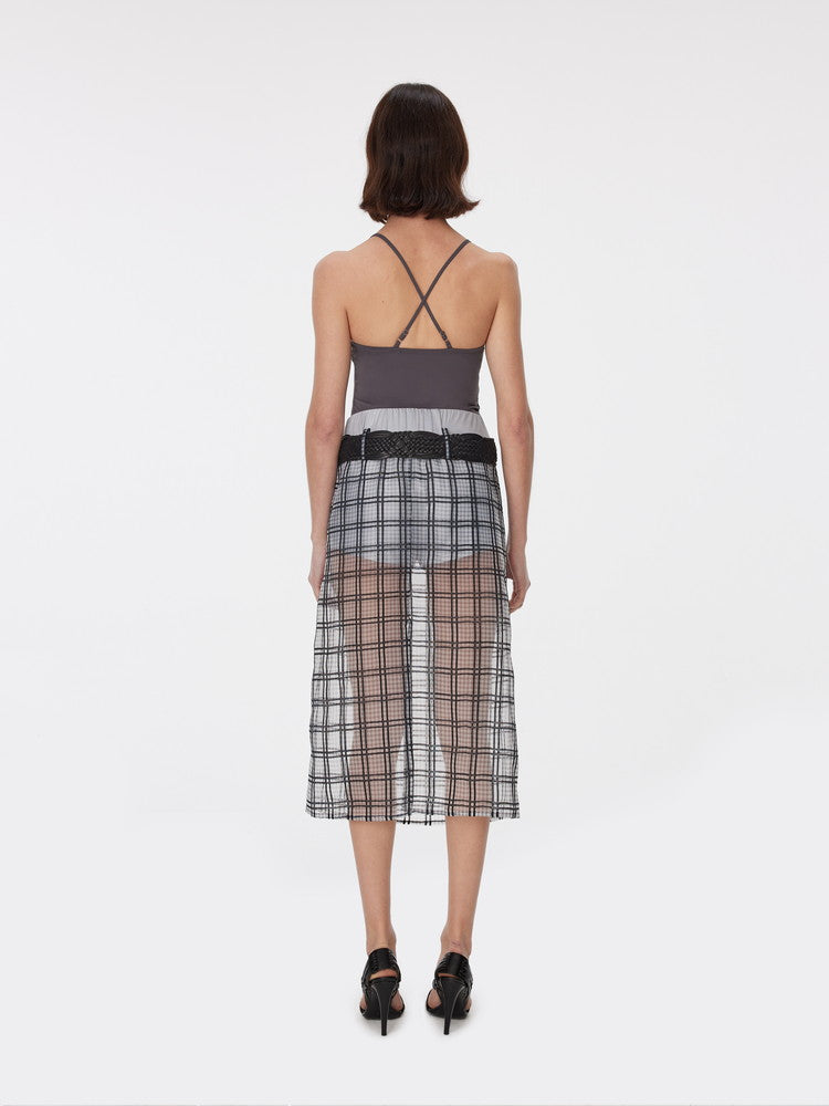 Checked See-Through Layered Elastic-Waist Back-Slit Long-Skirt