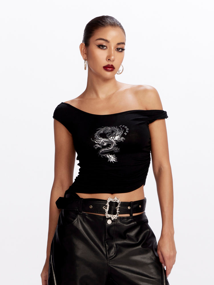 Asymmetry Tight Dragon Short One-Shoulder Tops