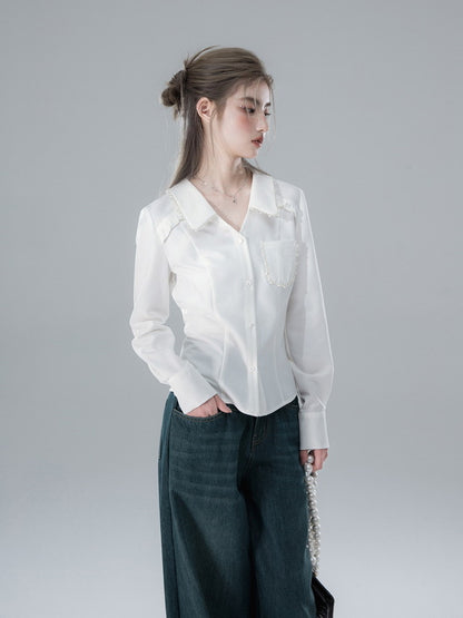 Pearl V-Neck Feminine Shape Simple Blouse