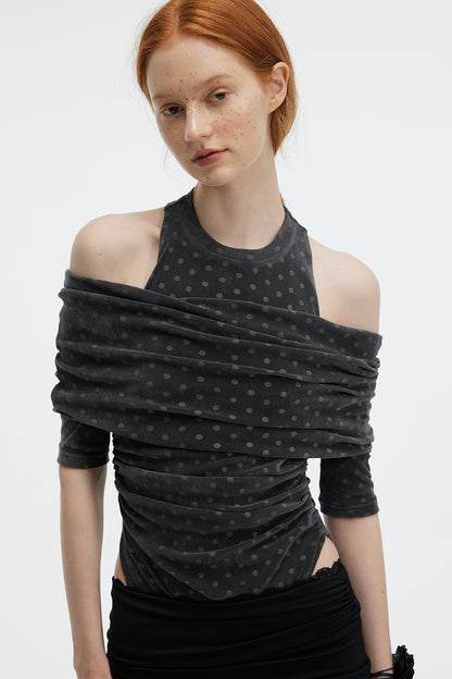 Drape Dot Open-Shoulder Dot Body-Suit