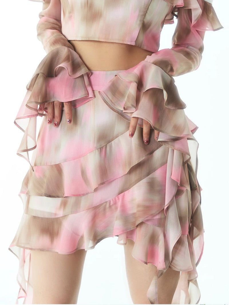 Tie-Dye Ciffon Asymmetru Tiered Frill Watercolor Mini-Skirt