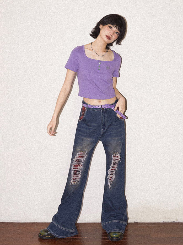 Crash Damage Wide-Leg Casual Denim Pants