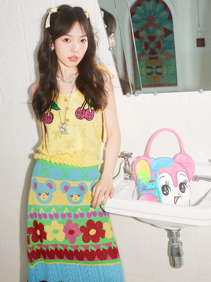 Flower A-Line Knit Colorful Border Bear Fancy Skirt