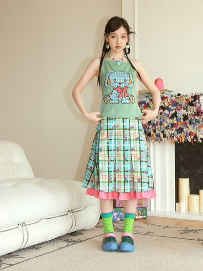 Checked Frill Embroidery Animal Layered Fancy Flare-Skirt