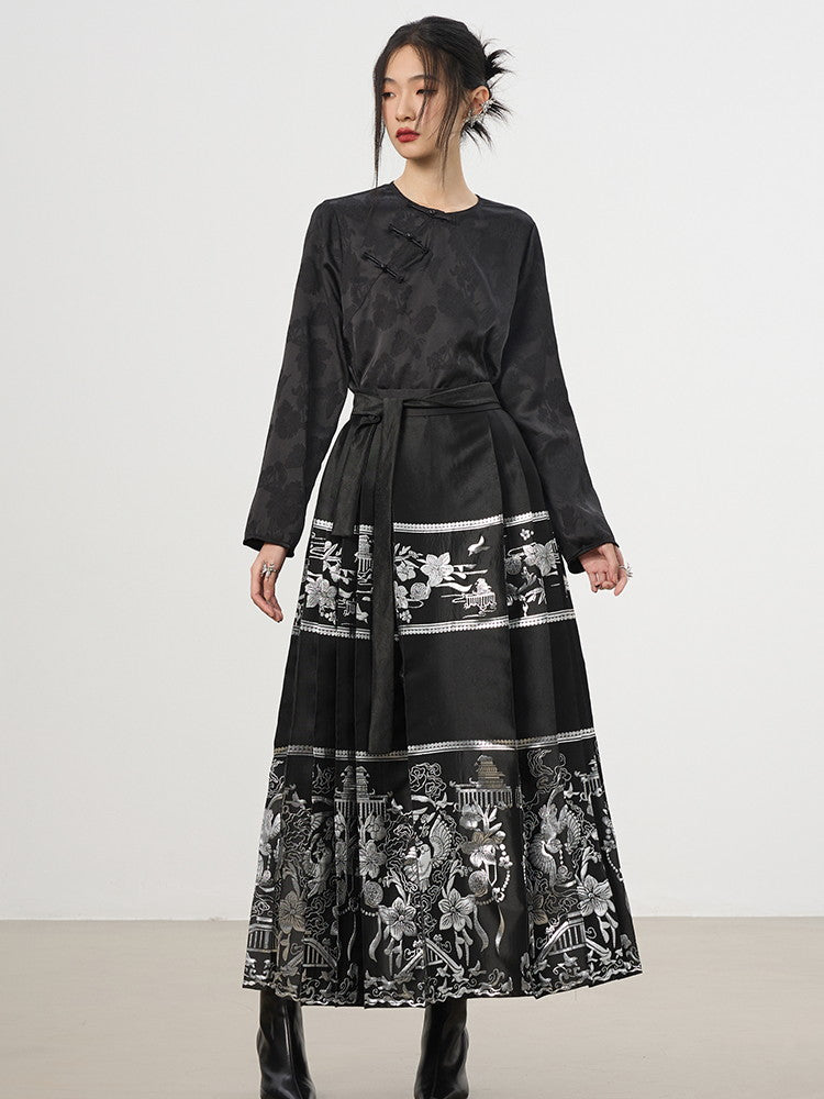 China Set-Up Ethnic Embroidery Flower Metallic Nichi Blouse＆Long-Skirt