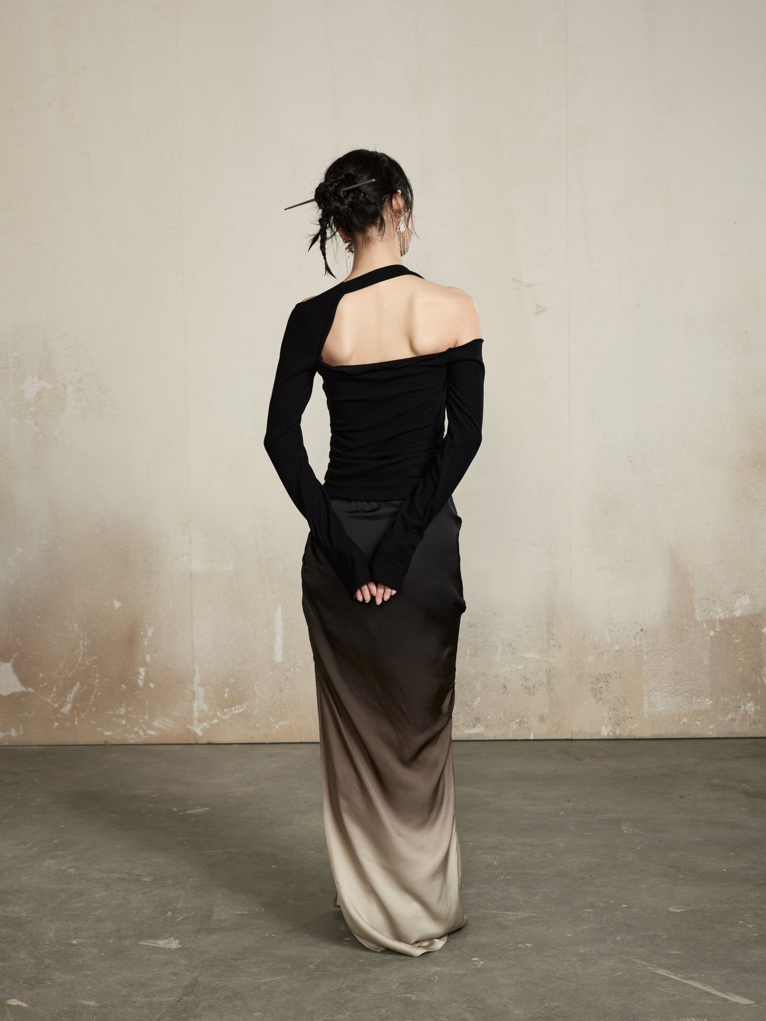 Gradation Classy Slim Drape Deep-Slit Elegant Tops&amp;Long-Skirt