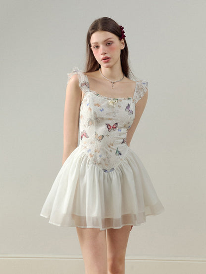 Embroidery Butterfly Lace Ribbon Ciffon Ceminine Fluffily Short Dress