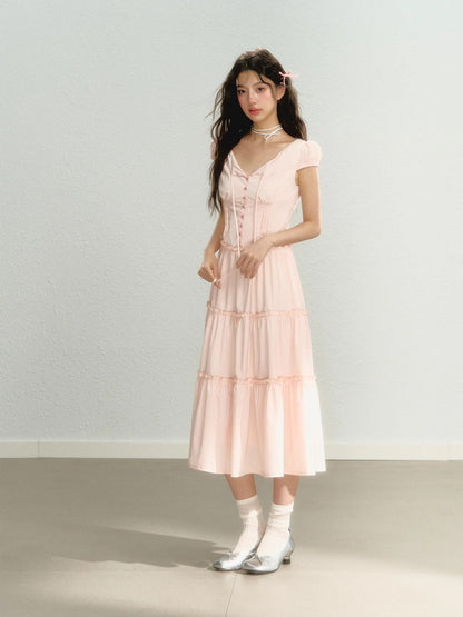 Tiered Ribbon Frill Giryl Long Dress