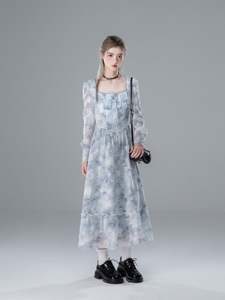 Tie-Dye Flower Tiered Square-Neck Sheer Long Dress