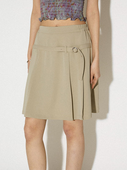 Box-Pleats Simple Belt Casual Middle Plain Skirt