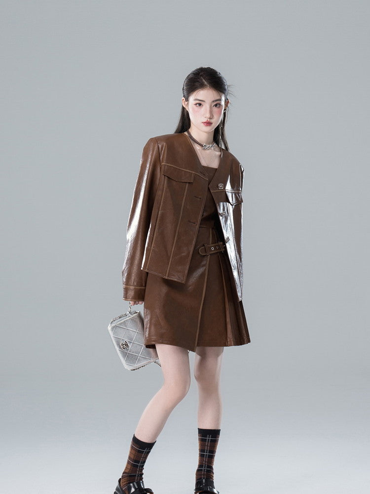 Jacket＆Dress Leather High-End No-Collar Retro Set-Up